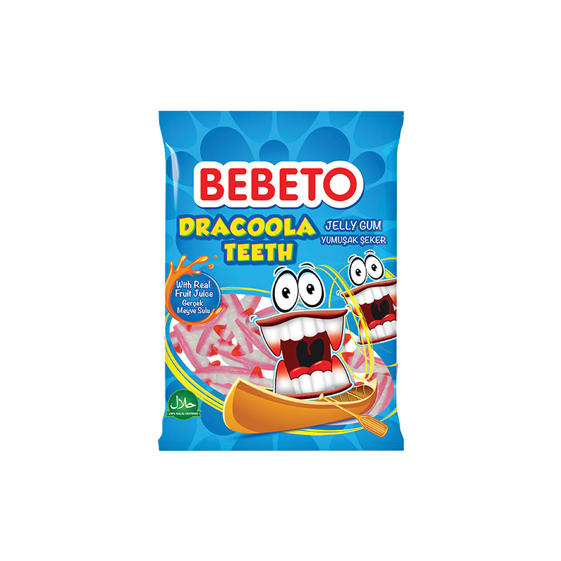 Bonbons Dracoola Teeth - Fabriqué avec du Vrai Jus de Fruit - Bebeto - Halal - Sachet 80gr Bonbons Dracoola Teeth - Fabriqué avec du Vrai Jus de Fruit - Bebeto - Halal - Sachet 80gr