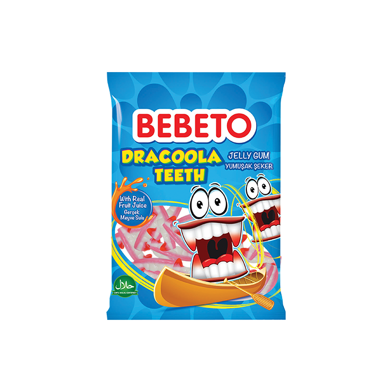 Bonbons Dracoola Teeth - Fabriqué avec du Vrai Jus de Fruit - Bebeto - Halal - Sachet 80gr Bonbons Dracoola Teeth - Fabriqué avec du Vrai Jus de Fruit - Bebeto - Halal - Sachet 80gr