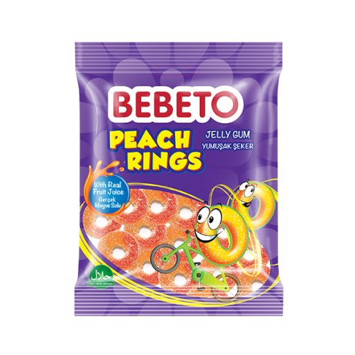 Bonbons Peach Rings - Anneaux de Pèche - Fabriqué avec du Vrai Jus de Fruit - Bebeto - Halal - Sachet 80gr
