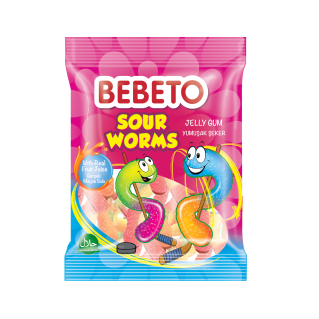 Bonbons Sour Worms - Fabriqué avec du Vrai Jus de Fruit - Bebeto - Halal - Sachet 80gr