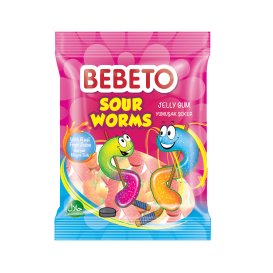 Bonbons Sour Worms - Fabriqué avec du Vrai Jus de Fruit - Bebeto - Halal - Sachet 80gr