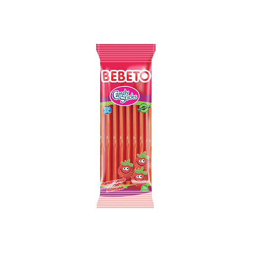 Bonbons Candy Stiks Fraise - Végétarien - Fabriqué avec du Vrai Jus de Fruit - Bebeto - Halal - Sachet 180gr