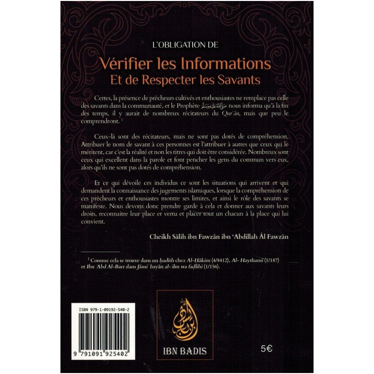 L'Obligation de Vérifier les Informations et de Respecter les Savants - Shaykh Al-Fawzân - Edition Ibn Badis