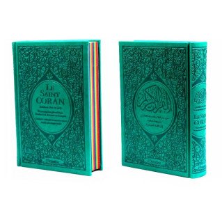 Le Saint Coran Arc en Ciel - Arabe / Français / Phonétique - Edition De Luxe - Couverture En Daim Couleur Vert Bleu