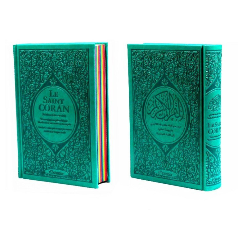 Le Saint Coran Arc en Ciel - Arabe / Français / Phonétique - Edition De Luxe - Couverture En Daim Couleur Vert Bleu