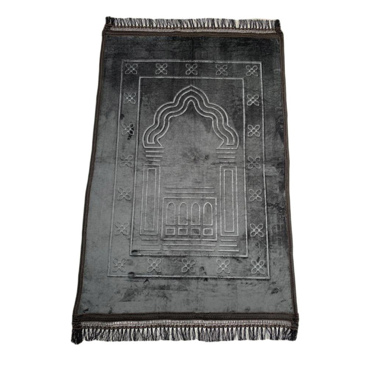 Grand Tapis de Prière - Gris Anthracite - Motif Mirhab - Molletonné, Épais et Très Doux - Confortable et Anti-Dérapant