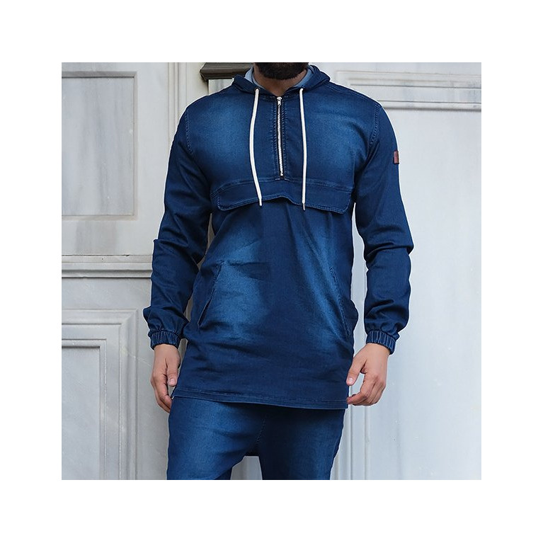 Sweat Capuche en Jean Stretch - Bleu Brut - Qaba'il : Haut Kameron Sweat Capuche en Jean Stretch - Bleu Brut - Qaba'il : Haut Kameron