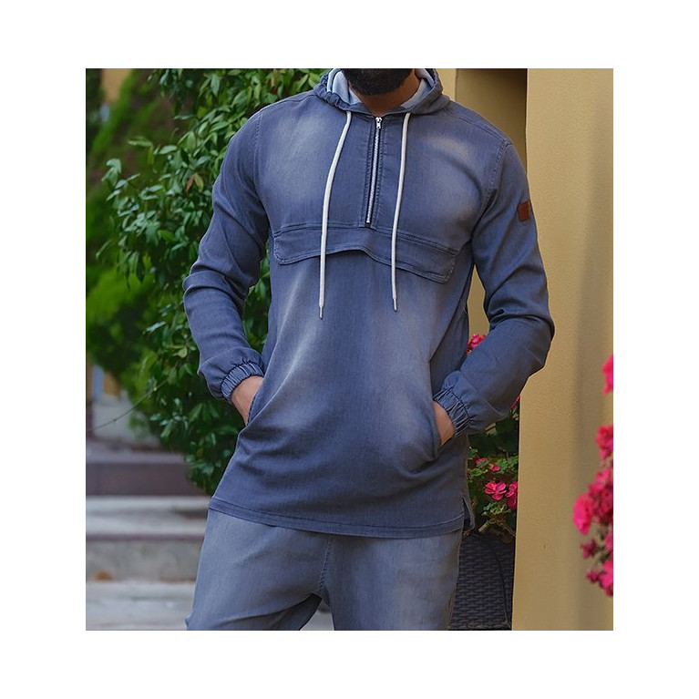 Sweat Capuche en Jean Stretch - Bleu Clair - Qaba'il : Haut Kameron Sweat Capuche en Jean Stretch - Bleu Clair - Qaba'il : Haut Kameron