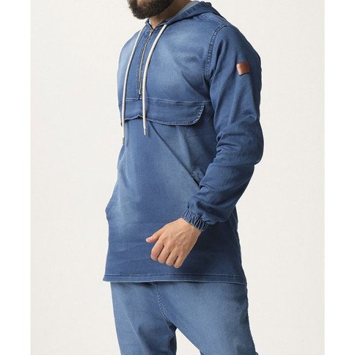Sweat Capuche en Jean Stretch - Bleu Clair - Qaba'il : Haut Kameron Sweat Capuche en Jean Stretch - Bleu Clair - Qaba'il : Haut Kameron