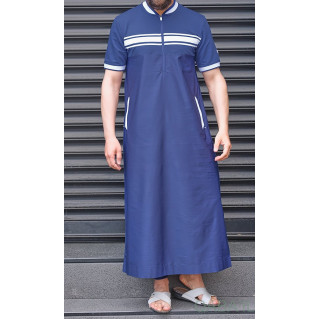 Qamis Manche Courte Indigo et Blanc Qaba'il : Navy III