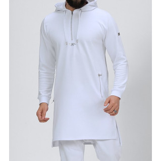 Qamis Court Basic avec Capuche - Blanc et Argent - Qaba'il : HOOD GS