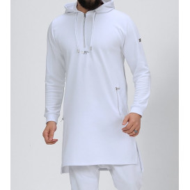 Qamis Court Basic avec Capuche - Blanc et Argent - Qaba'il : HOOD GS