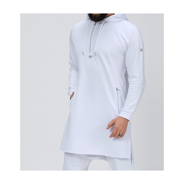 Qamis Court Basic avec Capuche - Blanc et Argent - Qaba'il : HOOD GS