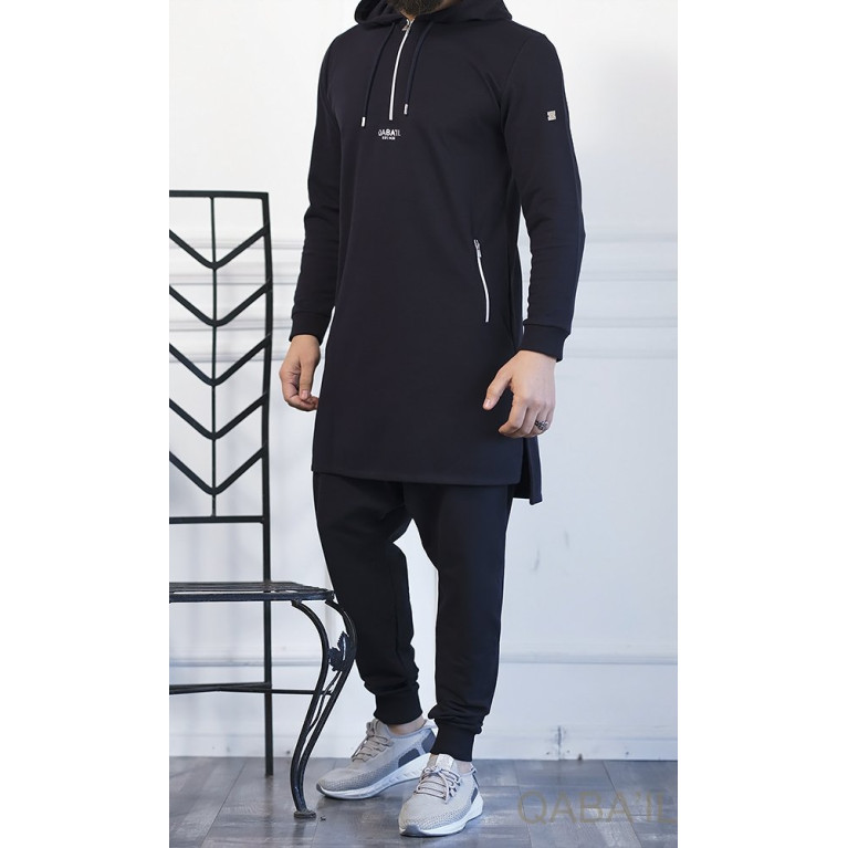 Qamis Court Basic avec Capuche - Bleu Nuit et Argent - Qaba'il : HOOD GS