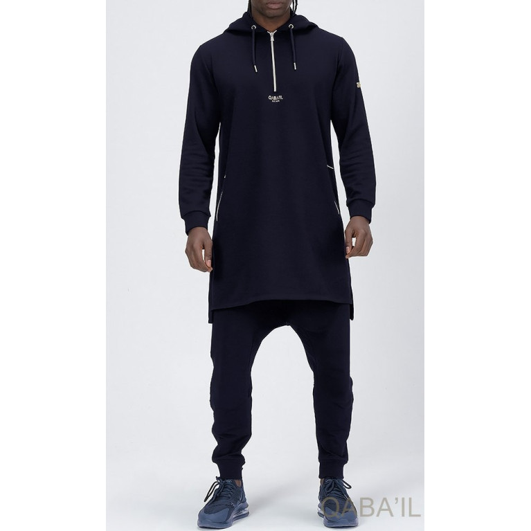 Qamis Court Basic avec Capuche - Bleu Nuit et Argent - Qaba'il : HOOD GS