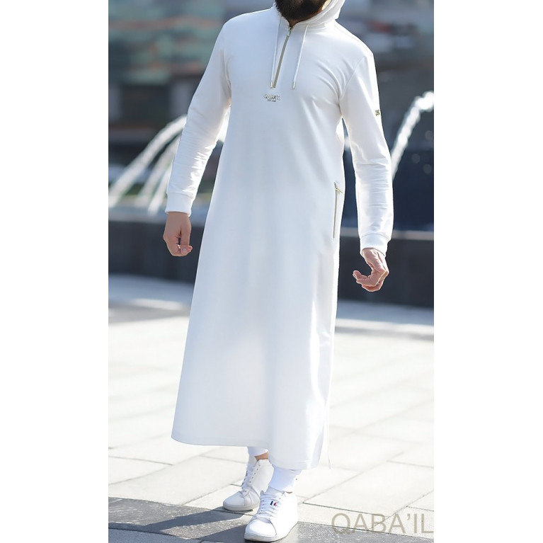 Qamis Long Basic avec Capuche - Blanc Cassé et Or - Qaba'il : HOOD GS