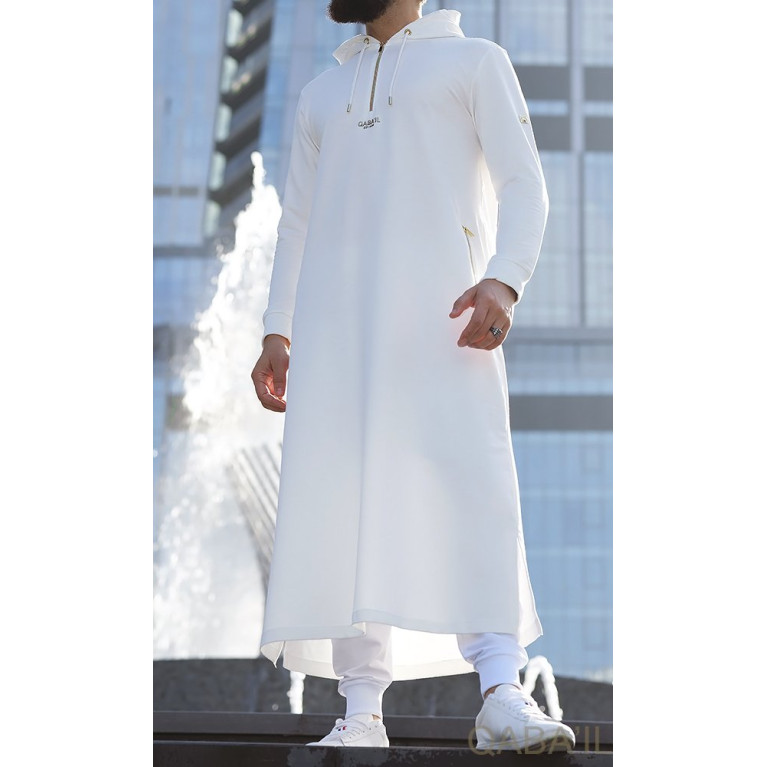 Qamis Long Basic avec Capuche - Blanc Cassé et Or - Qaba'il : HOOD GS