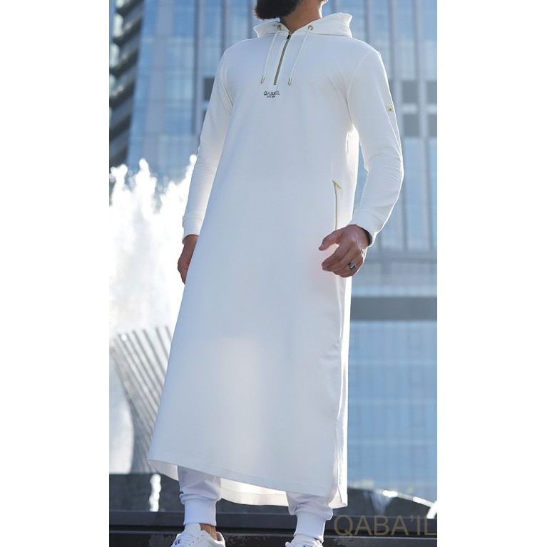 Qamis Long Basic avec Capuche - Blanc Cassé et Or - Qaba'il : HOOD GS