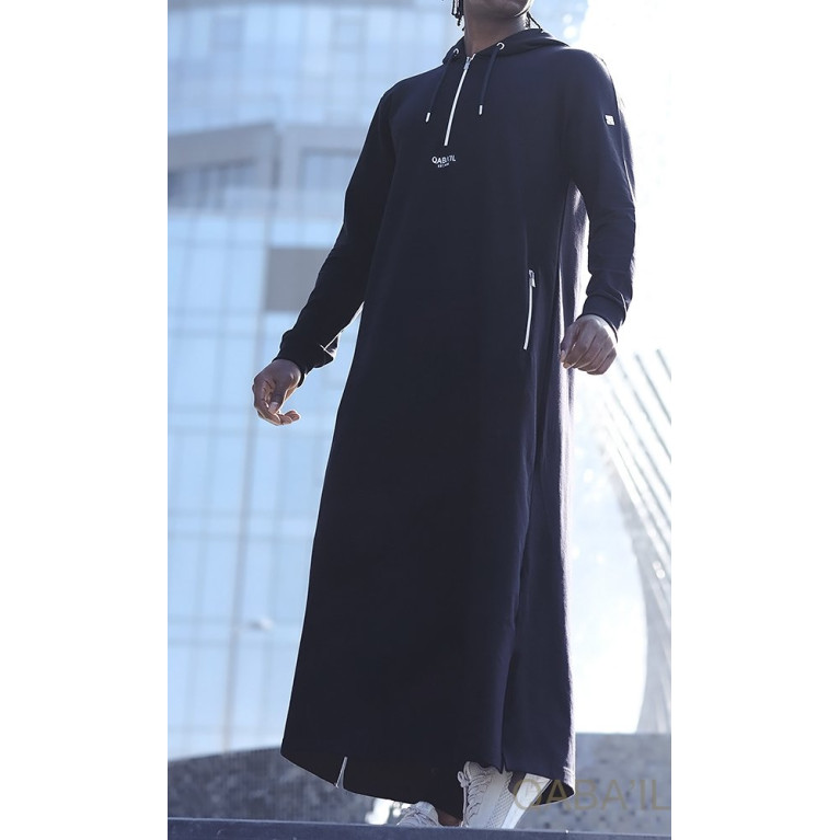 Qamis Long Basic avec Capuche - Bleu Nuit et Argent - Qaba'il : HOOD GS