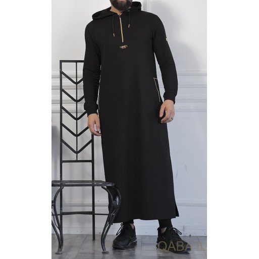 Qamis Long Basic avec Capuche - Noir et Or - Qaba'il : HOOD GS