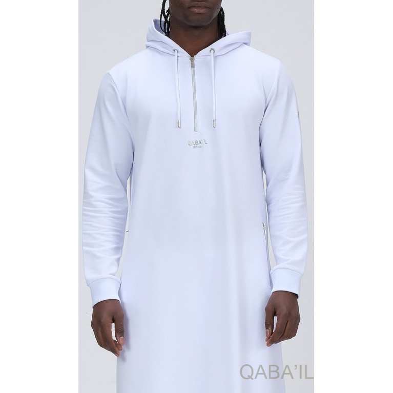 Qamis Long Basic avec Capuche - Blanc et Argent - Qaba'il : HOOD GS