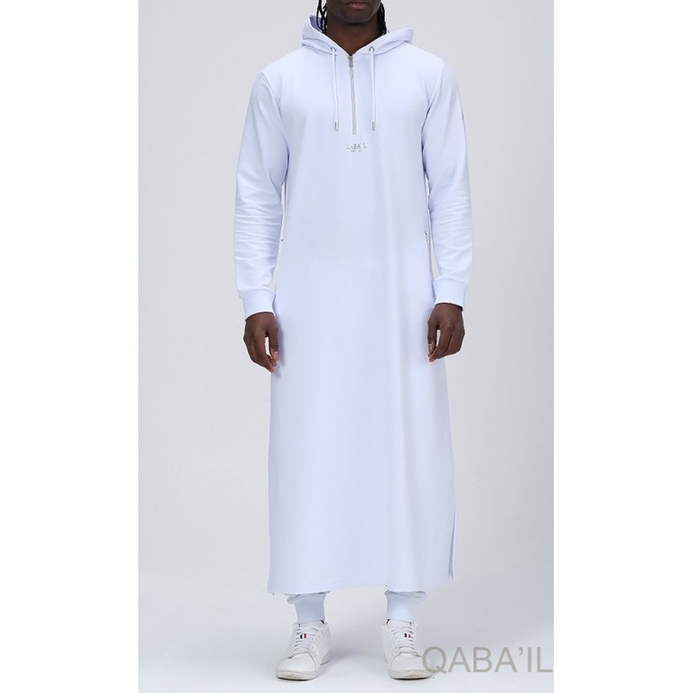 Qamis Long Basic avec Capuche - Blanc et Argent - Qaba'il : HOOD GS