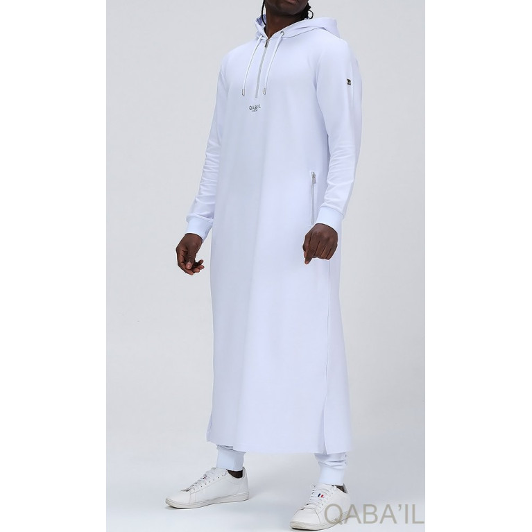 Qamis Long Basic avec Capuche - Blanc et Argent - Qaba'il : HOOD GS