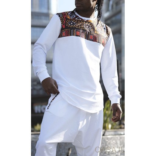 Survêtement Blanc - Sarouel + Sweat Col Rond - Qaba'il : Afro Wax