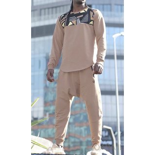 Survêtement Beige - Sarouel + Sweat Col Rond - Qaba'il : Afro Wax