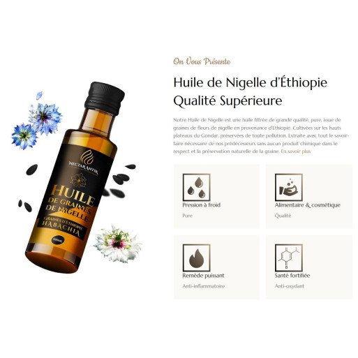 Huile de Nigelle "Habachiya" - Ethiopie - Certifiée Pressée à Froid - 100 ml - Nectar Antik