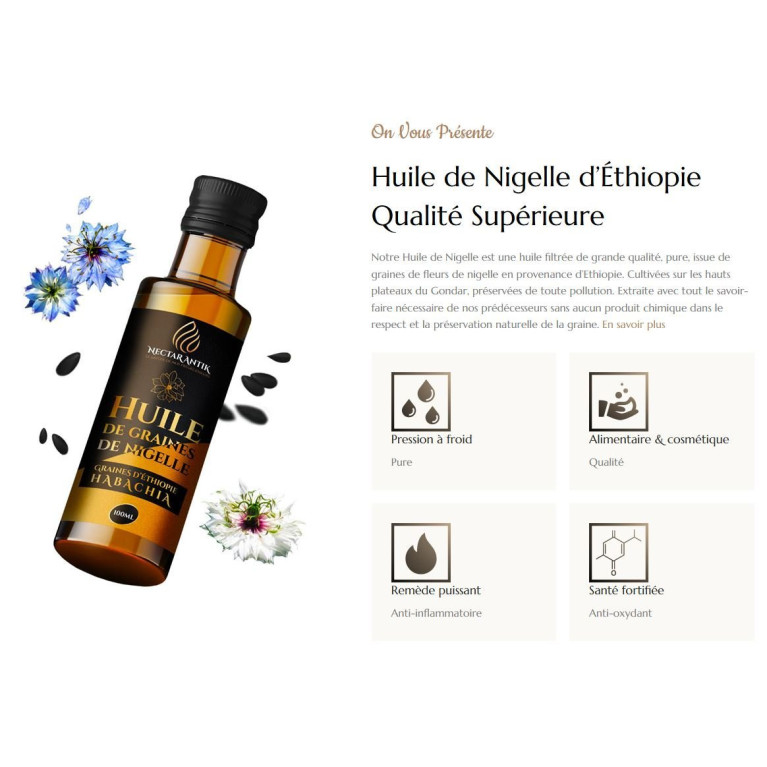 Huile de Nigelle "Habachiya" - Ethiopie - Certifiée Pressée à Froid - 100 ml - Nectar Antik