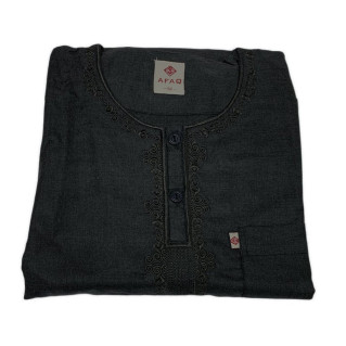 Qamis Pakistanais sans Col, Manche Courte - Tissu Coton Noir - Qamis Court + Pantalon - Afaq Qamis Pakistanais sans Col, Manche Courte - Tissu Coton Noir - Qamis Court + Pantalon - Afaq
