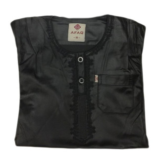 Qamis Afaq - Bébé à Adolescents - Noir -Manche Longue + Pantalon - Sans Col - Tissu Glacé - du 18 au 50