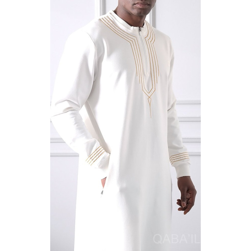 Qamis Long - Ecru et Broderie Or - Qaba'il : Sham Qamis Long - Ecru et Broderie Or - Qaba'il : Sham