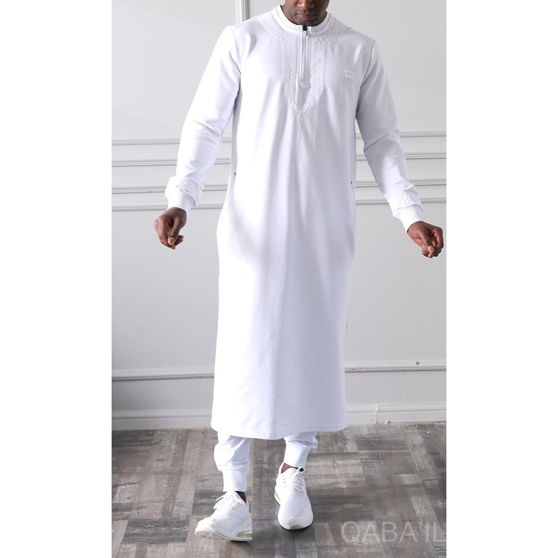 Qamis Long - Blanc et Broderie Blanc - Qaba'il : Sham Qamis Long - Blanc et Broderie Blanc - Qaba'il : Sham