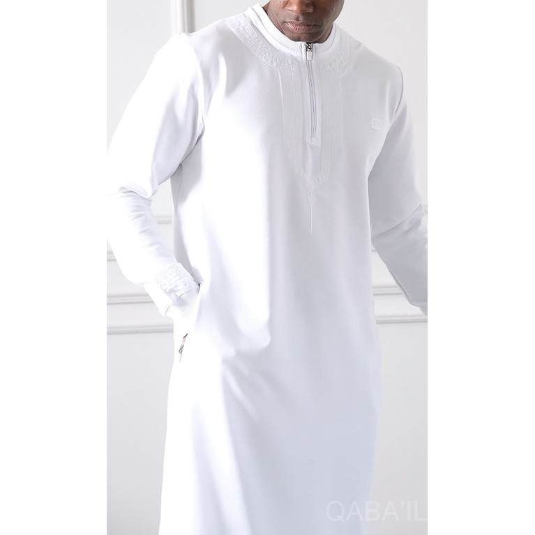 Qamis Long - Blanc et Broderie Blanc - Qaba'il : Sham