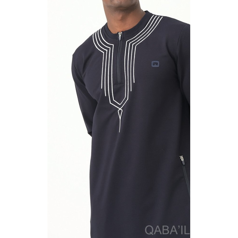 Qamis Long - Bleu Nuit et Broderie Blanc - Qaba'il : Sham