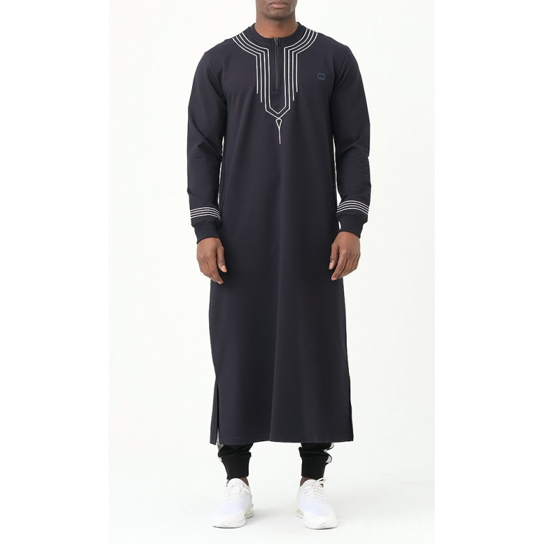 Qamis Long - Bleu Nuit et Broderie Blanc - Qaba'il : Sham