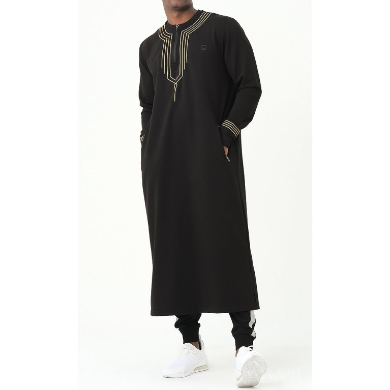 Qamis Long - Noir et Broderie Or - Qaba'il : Sham