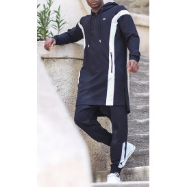 Ensemble Qamis Court + Sarouel - Bleu Nuit et Blanc - Qaba'il : Veloce