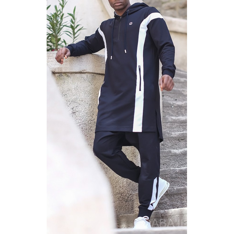 Ensemble Qamis Court + Sarouel - Bleu Nuit et Blanc - Qaba'il : Veloce