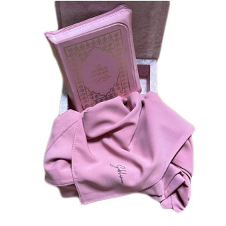 Coffret Décot + Coran de Poche à Zip Format 18x13 - Ar/Fr - Rose et Un Voile Soie De Médine