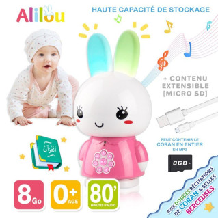 La Petite Lapinou Mouslim Rose : Alilou - Jouet et Veilleuse Ludo-éducatif - Haute Qualité de Son + 80 Minutes d'Audio - Led 7 C