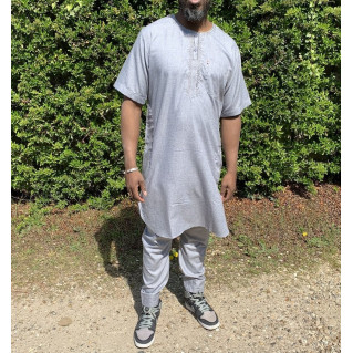 Qamis Pakistanais sans Col, Manche Courte - Tissu Coton Gris Clair - Qamis Court + Pantalon - Afaq