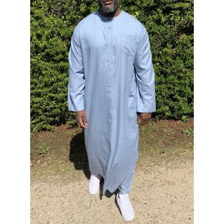 Qamis Long Omani Sans Col - Tissu Coton Bleu Ciel - Manche LongueStyle Ikaf -Afaq