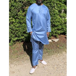 Qamis Pakistanais sans Col, Manche Longue - Tissu Semi Glacé Bleu Pétrole Clair - Qamis Court + Pantalon - Afaq