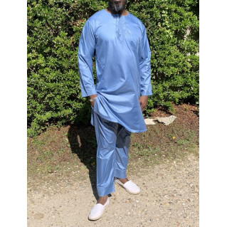 Qamis Pakistanais sans Col, Manche Longue - Tissu Semi Glacé Bleu Pétrole Clair - Qamis Court + Pantalon - Afaq