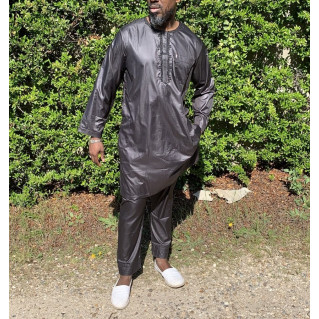 Qamis Pakistanais sans Col, Manche Longue - Tissu Semi Glacé Noir - Qamis Court + Pantalon - Afaq