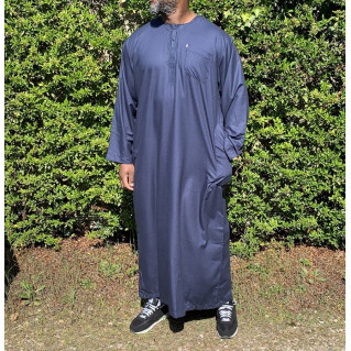 Qamis Long Omani Sans Col - Tissu Coton Bleu Nuit - Manche Longue Style Ikaf -Afaq