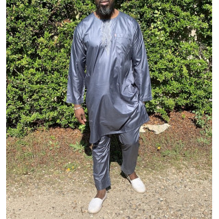 Qamis Pakistanais sans Col, Manche Longue - Tissu Semi Glacé Anthracite - Qamis Court + Pantalon - Afaq